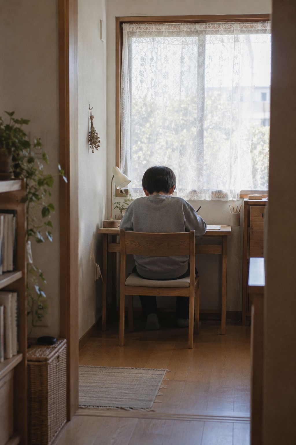 窓辺の机で勉強する子どもの後ろ姿（イメージ）